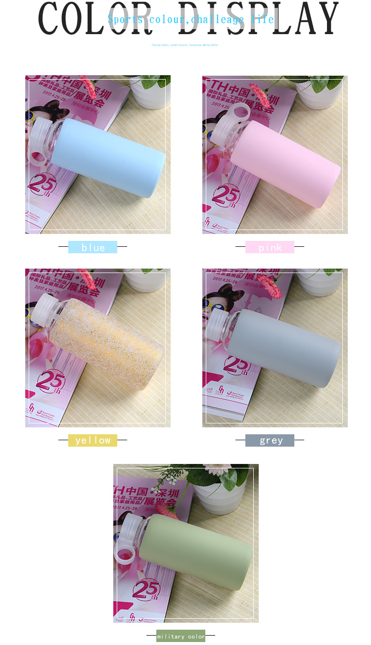 China factory custom fashion sport glass water bottle cover with silicone sleeve 11