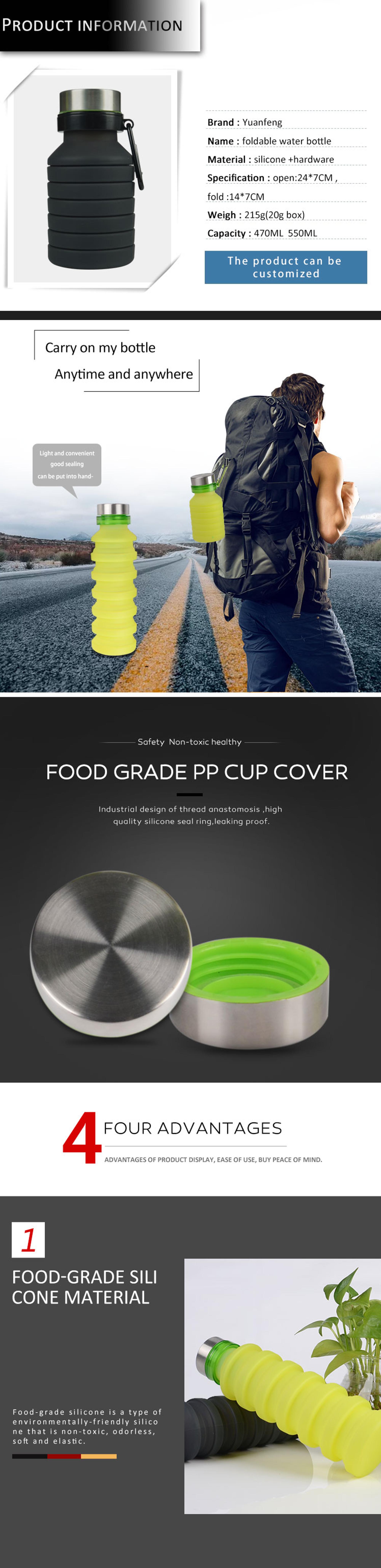 Silicone Shaker Squeeze Collapsible Reusable Silicone Water Bottle Foldable 500ML 9