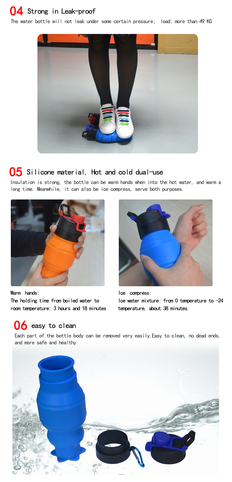 Leak Proof BPA Free Silicone Foldable Sports Outdoor Travel Water Bottles 7