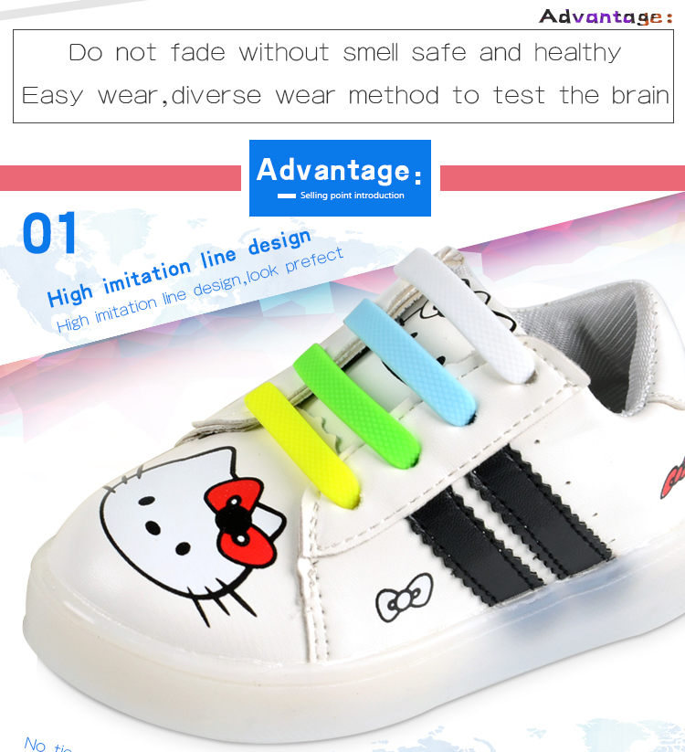China Factory Kids Cool Nice Tie Free Flat Silicone Shoelaces 7