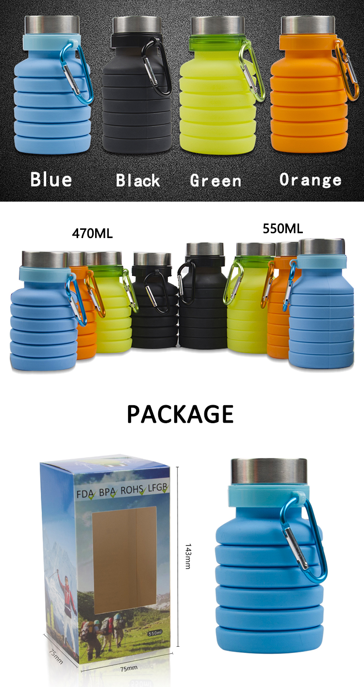 New Premium BPA Free Stainless Steel Cover Foldable Water Bottle Silicone With Hook 13