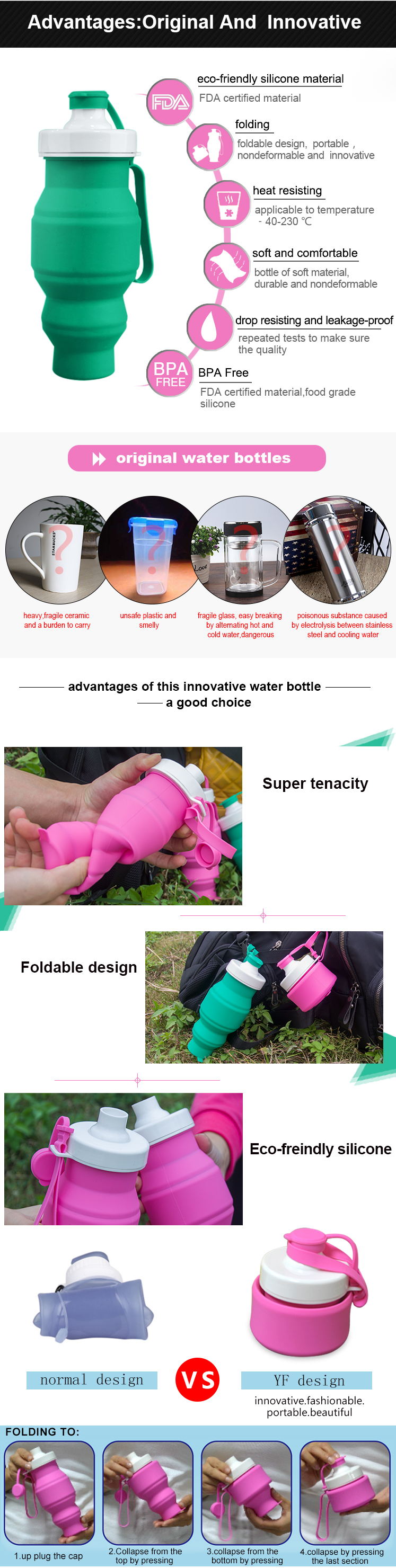 Drinkware eco-Friendly silicone water bottle foldable collapsible 9