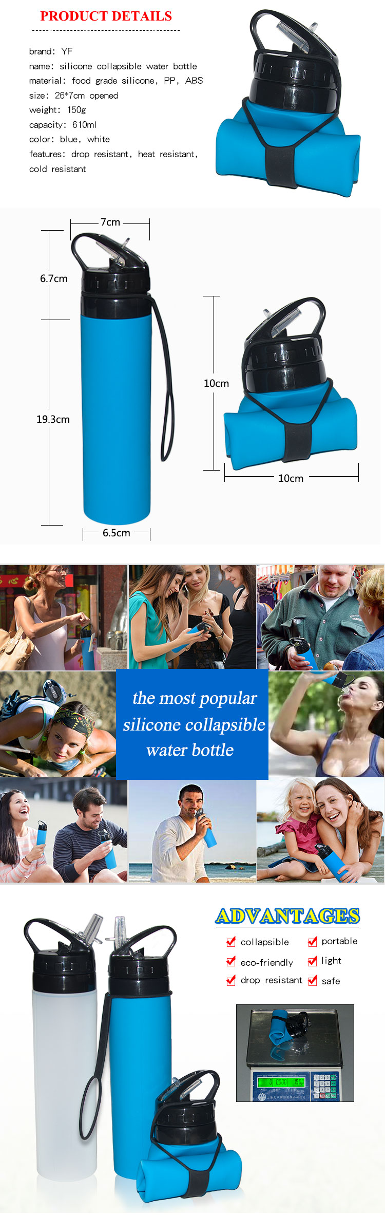 Food grade water bottles folding silicone kettle blank collapsible water bottles 5