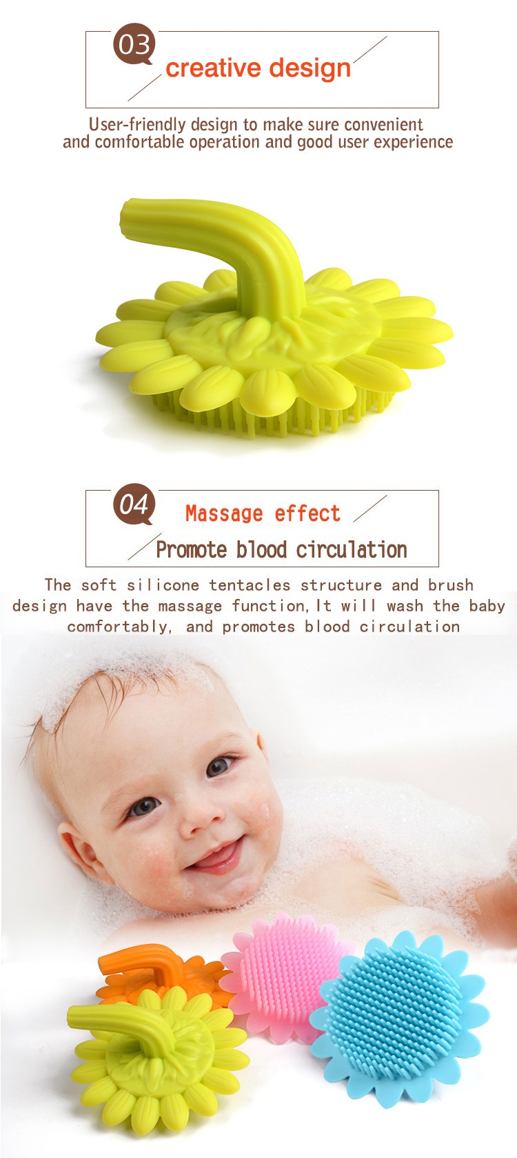 Wholesale silicone bath brush with sunflower soft baby hair brush