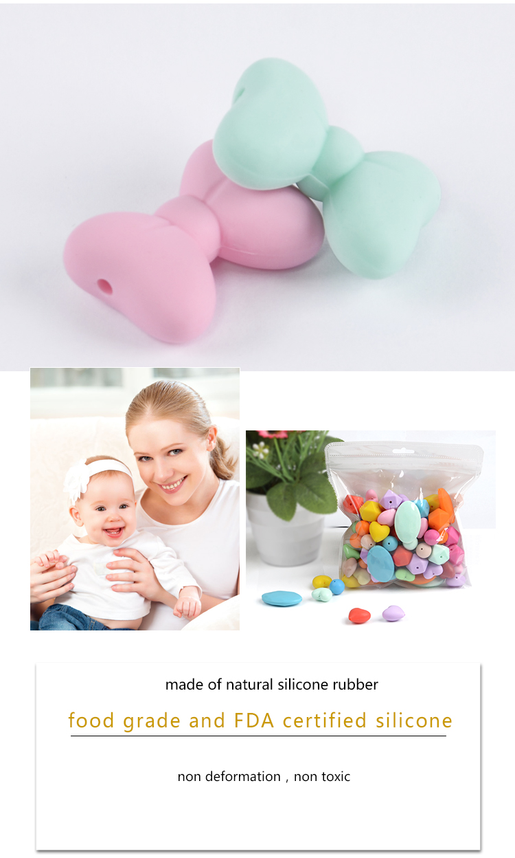 Hot selling BPA Free silicone bow tie beads for baby teether toy,necklaces,gift 5