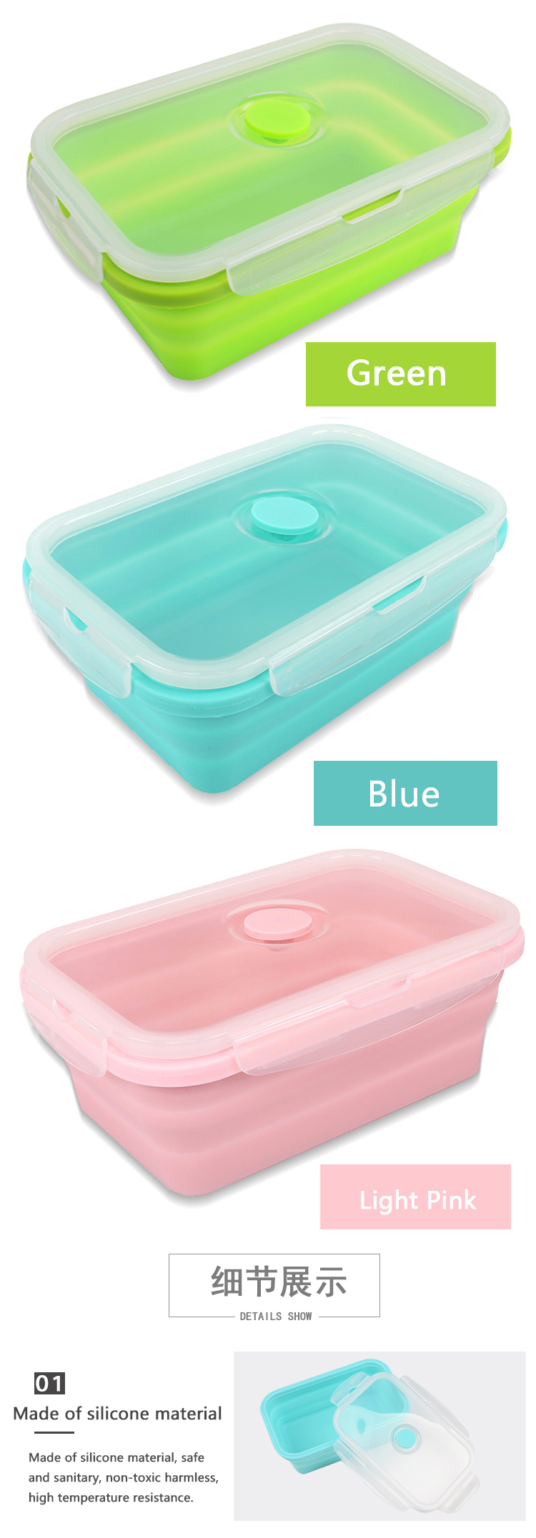 Silicone Folding Leakproof food warmer Bento Lunch Box 7