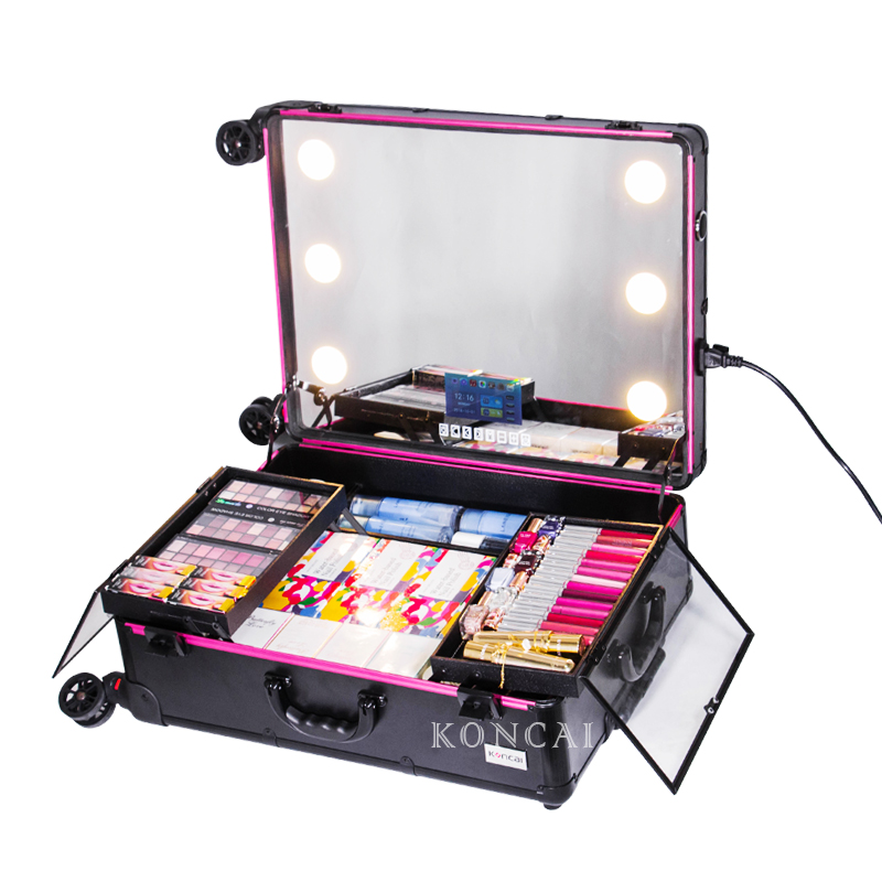 Pro LED Makeup Studio Beauty Trolley Rolling Case with Speaker Mirror KC-213