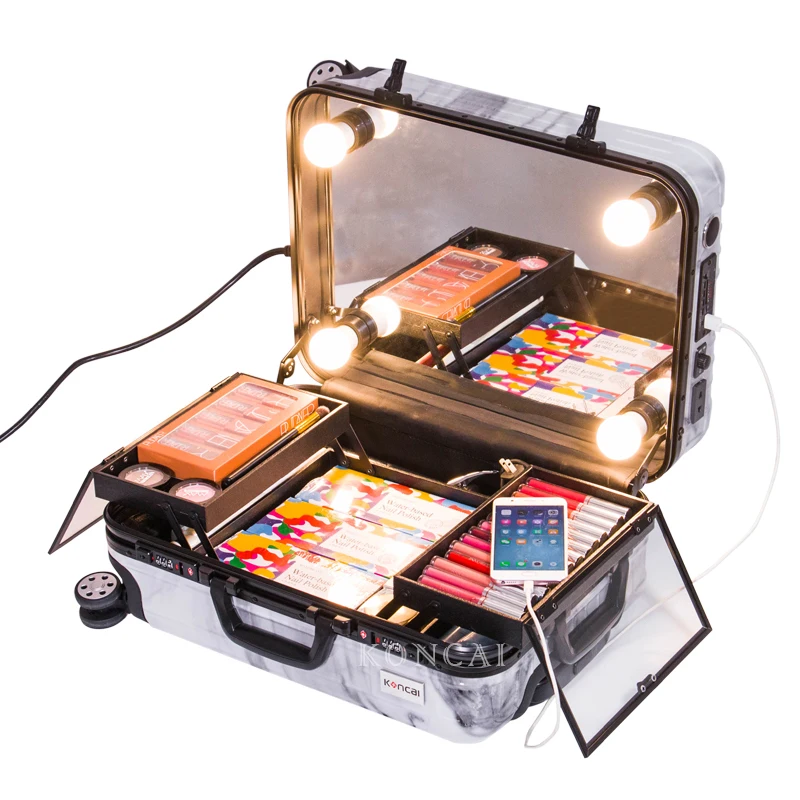 Beauty Marble Makeup Case with Lights PC Cosmetic Trolley Case KC-803