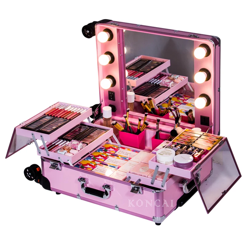 Pink KONCAI Makeup Case PRO Artist Cosmetic Trolley Case with Lights KC-210
