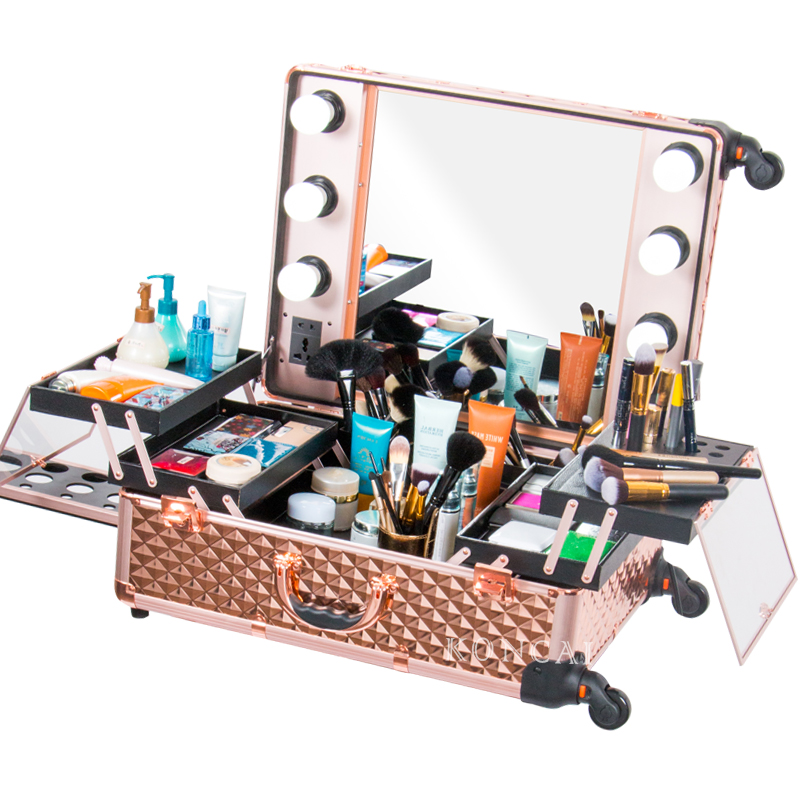 Rose gold Beauty Makeup Light Case Cosmetic Trolley Rolling Case KC-210