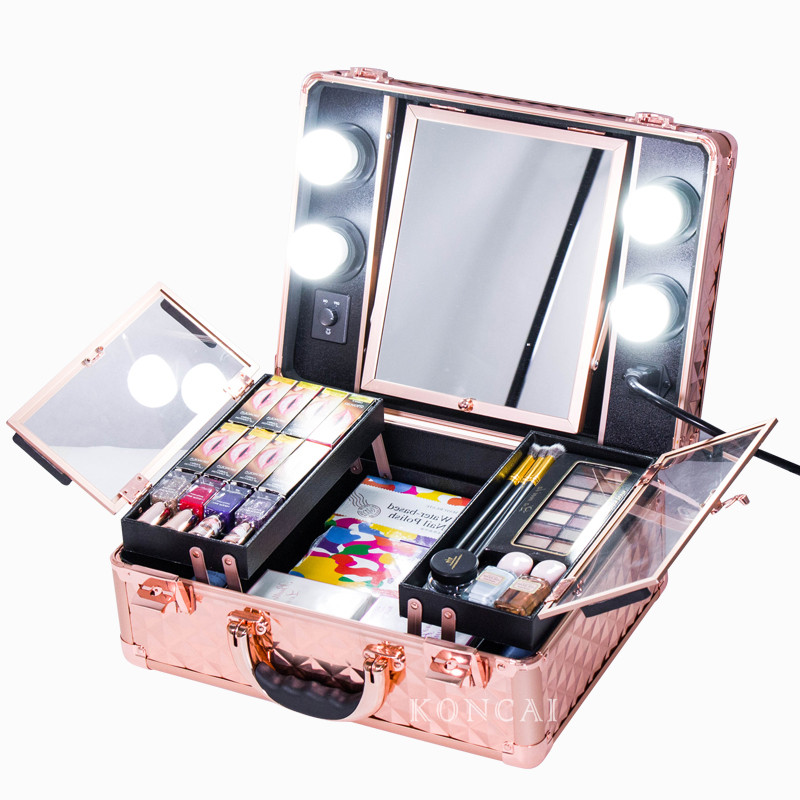 Rose gold Makeup Suitcase Beauty Train Case with Lights Mirror KC-OF01