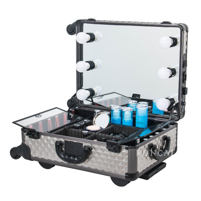 Silver Water-Cube Makeup Train Case Beauty Trolley Case with lights KC-58M