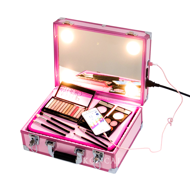 Pink Carrying Makeup Case Beauty Vanity built-in Lights EVA Divider KC-OF02