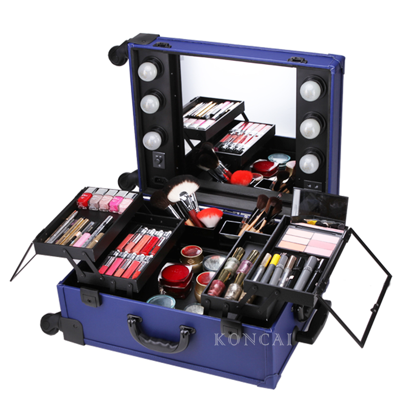 Hot Sale PU leather Makeup Case with lights Beauty Trolley Train Case KC-IST01
