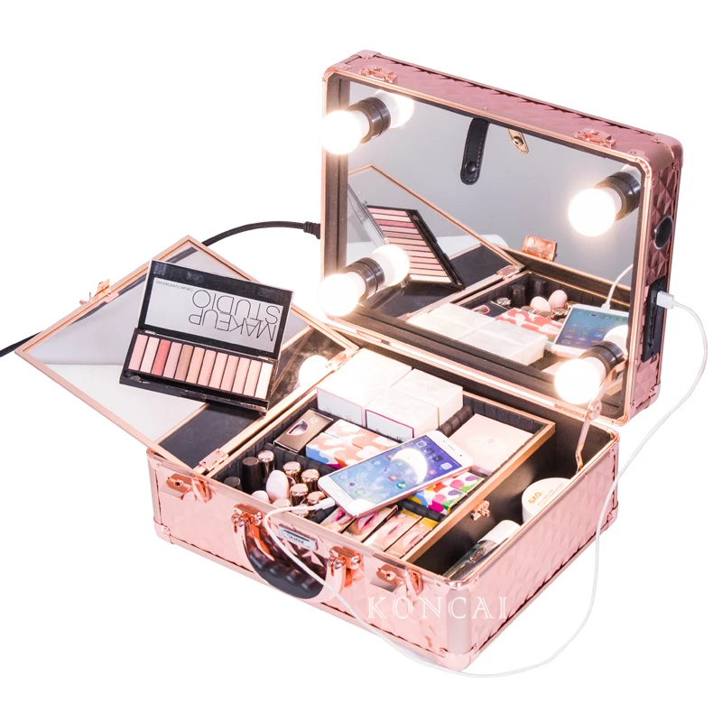 NEW Makeup Vanity Case Cosmetic Suitcase with lights Rose Gold KC-OF11