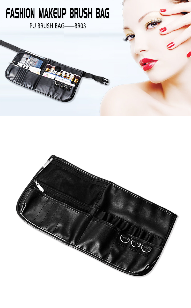 Black PU Waist Fanny Makeup Brush Holder with Zipper Pockets KC-BR03