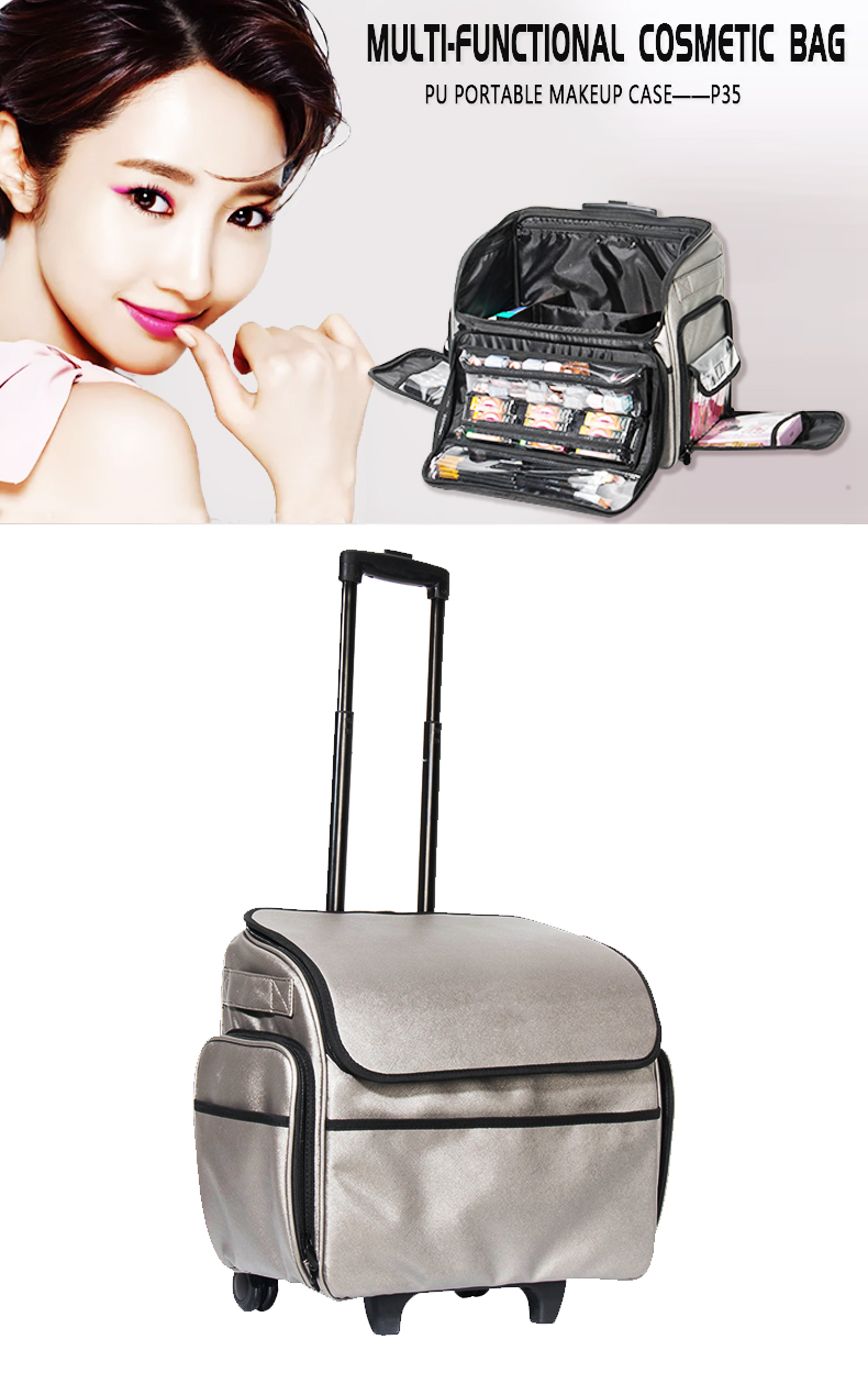 PRADA PU Leather Trolley Makeup Case with Small PVC Bags on the Cover