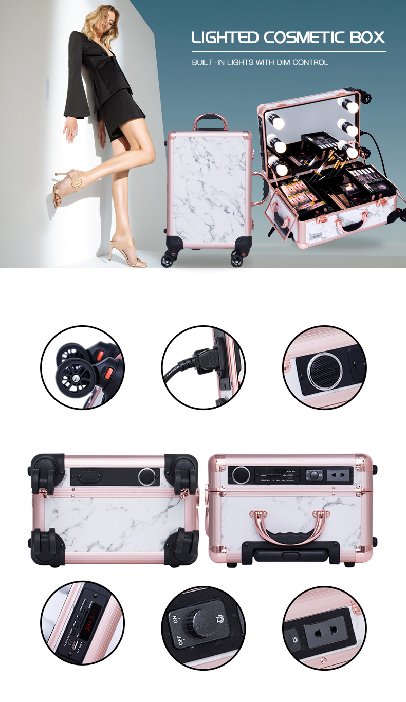 White Marble Makeup Station Trolley Case with Lights Bluetooth Speaker KC-158S