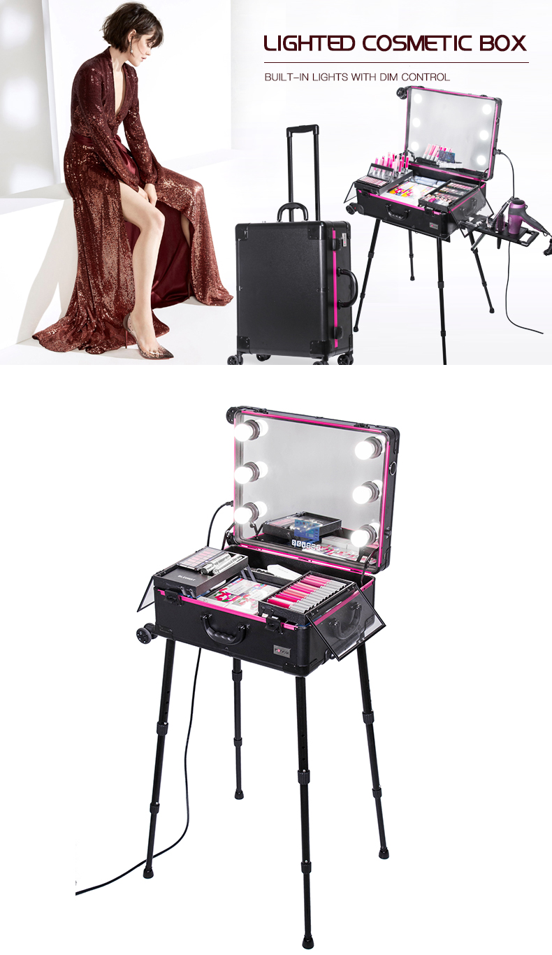 Pro LED Makeup Studio Beauty Trolley Rolling Case with Speaker Mirror KC-213