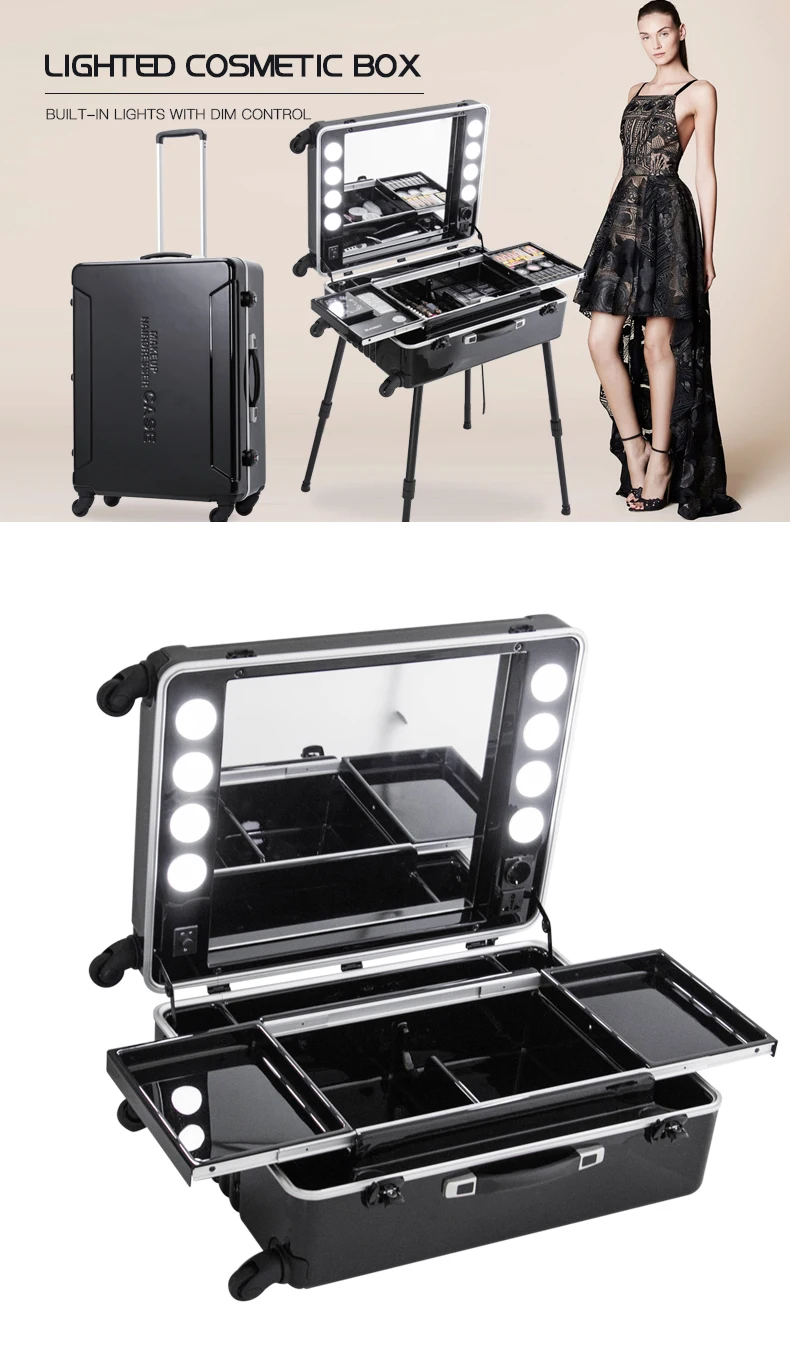 Black Large Size Makeup Trolley Case Station with 8 LED Lights KC-216