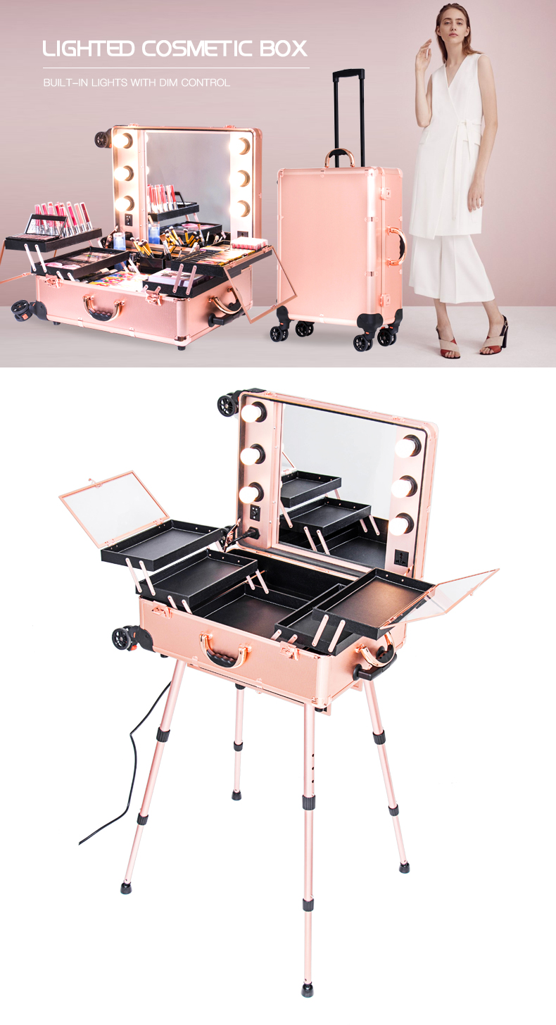 Koncai Best Selling Makeup Station Cosmetic Rolling Case with Lights KC-210