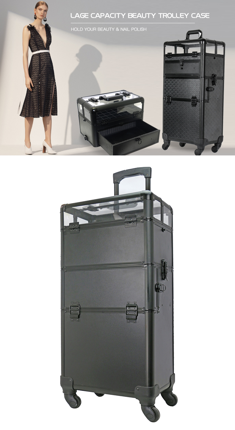 Professional 2 in 1 Nail Makeup Case Rolling Aluminum Trolley Case KC-TR003
