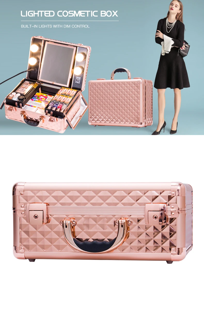 Rose gold Makeup Suitcase Beauty Train Case with Lights Mirror KC-OF01