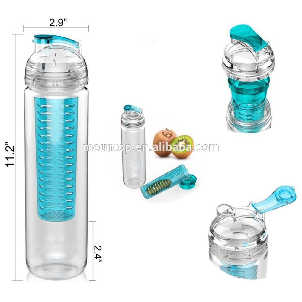 800ml flip top bpa free tritan fruit go water bottle/water flavouring infusion bottle with fruit chamber