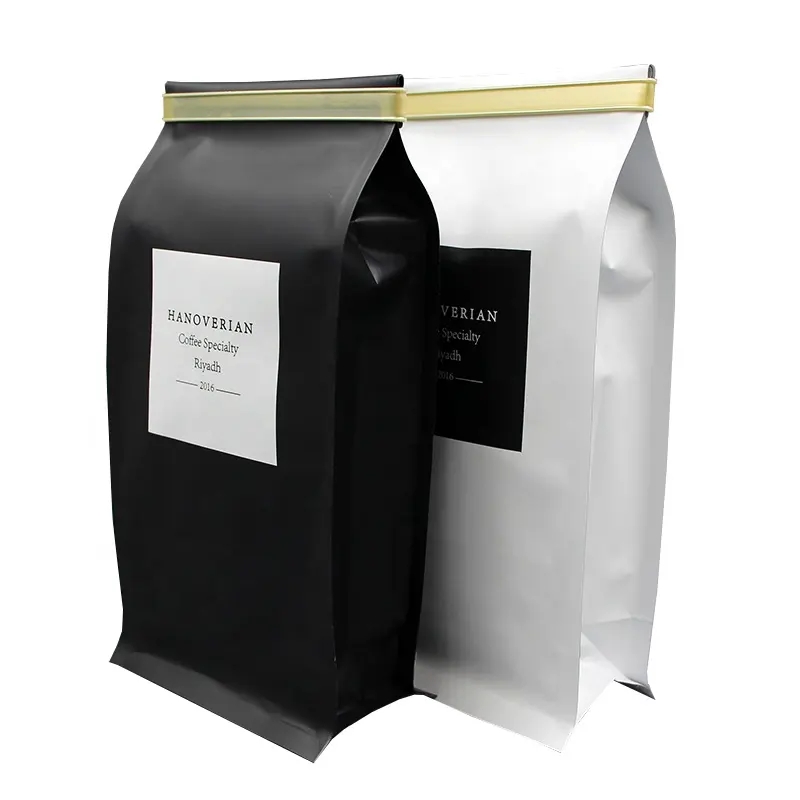 Custom printed flat bottom coffee bags with valve and zipper