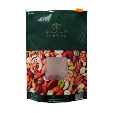 Customized printed nuts food packaging bag with clear window and zipper plastic bag