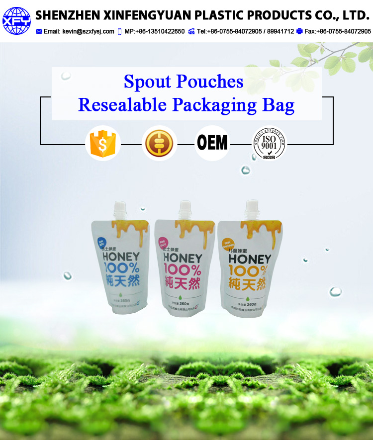 Custom squeezed resealable stand up pouch with spout for packing honey