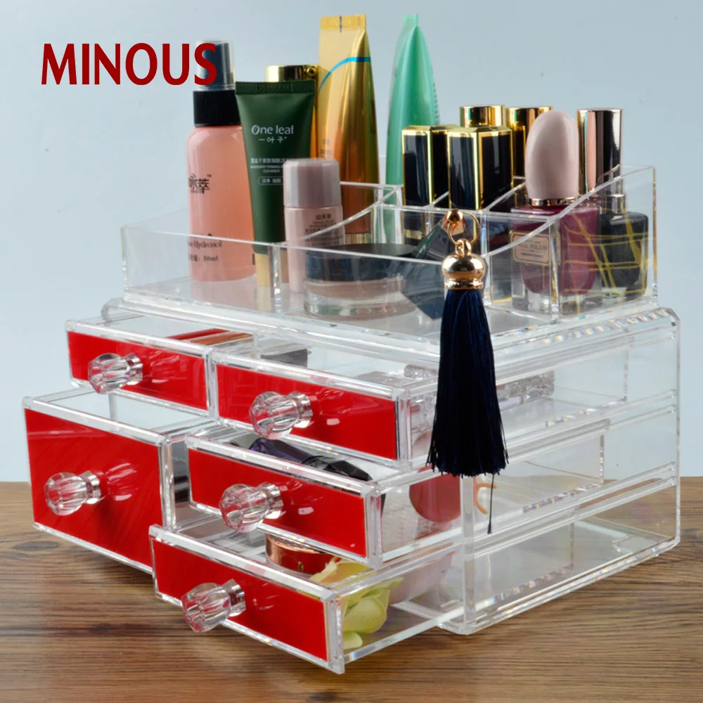 High Quality Red Clear Acrylic Makeup Jewelry Storage Box 6