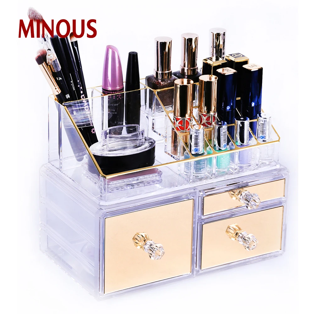 High quality golden clear acrylic Cosmetic box with 3 drawers 2