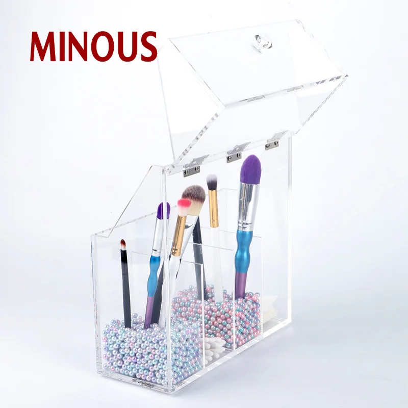 Hot Sale Rectangle Clear Acrylic Makeup Brush Display Stand With Lid 3