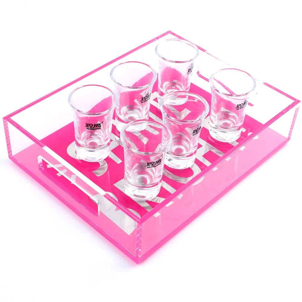 Custom Plexiglass Pink Acrylic cup Serving Tray With Handle