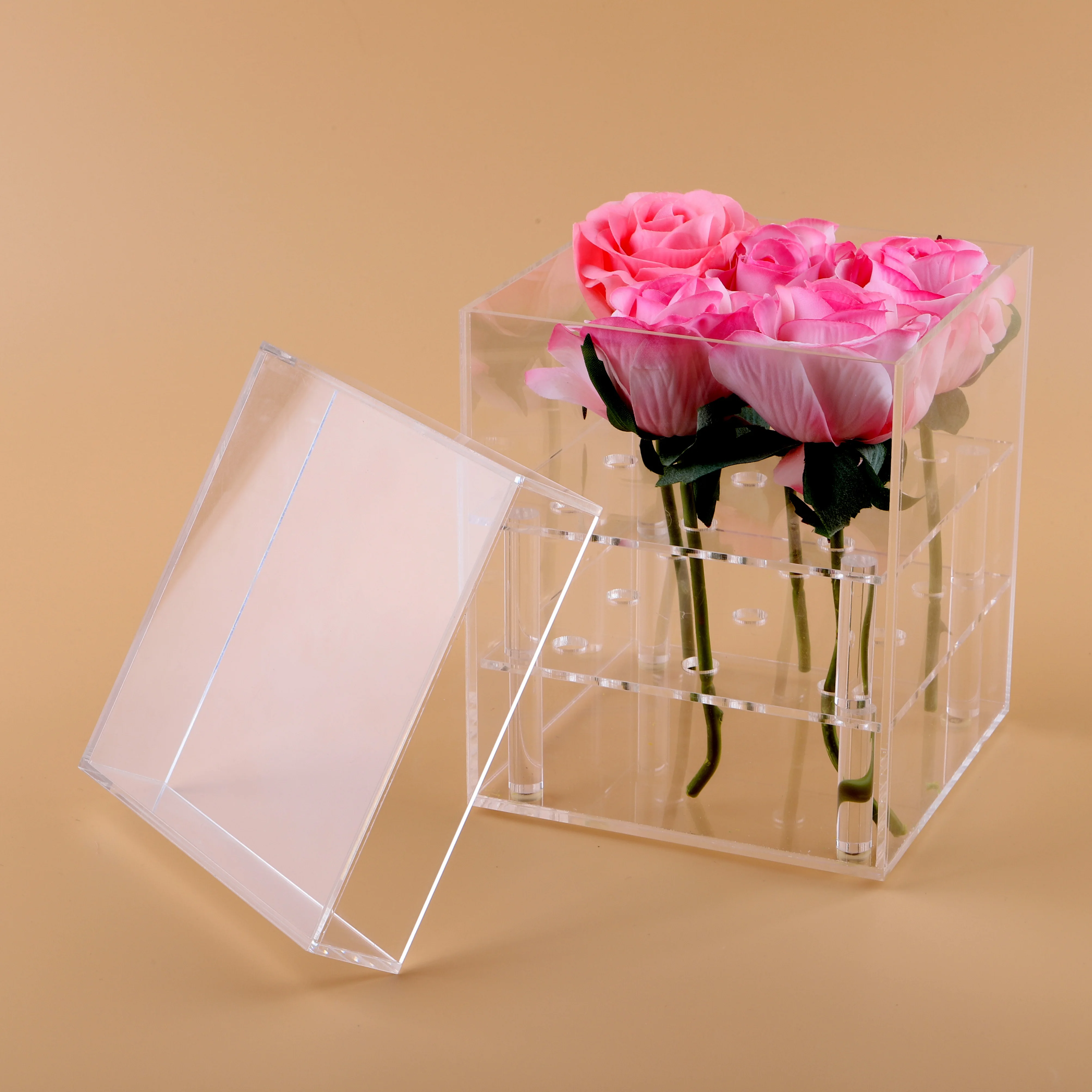 custom high quality square clear acrylic flower display box with lid