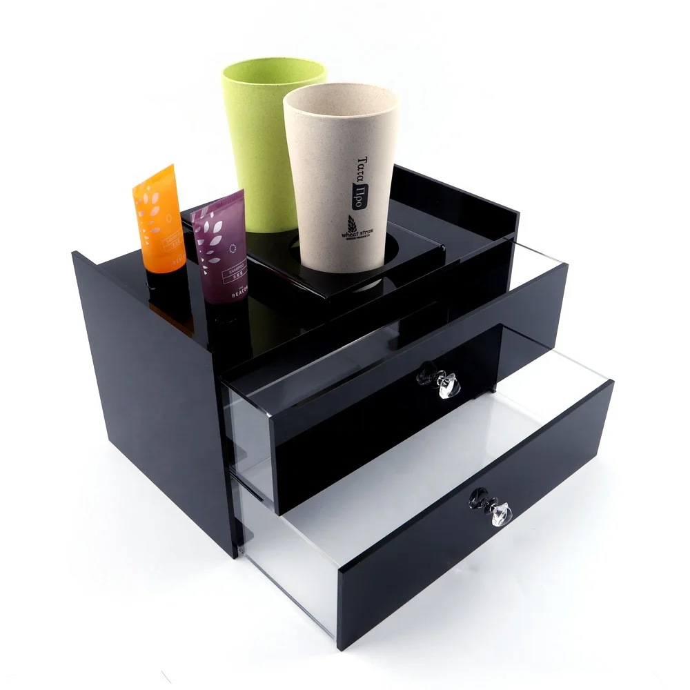 Custom Desktop Acrylic Hotel Supplies Storage Box With Cup Holder