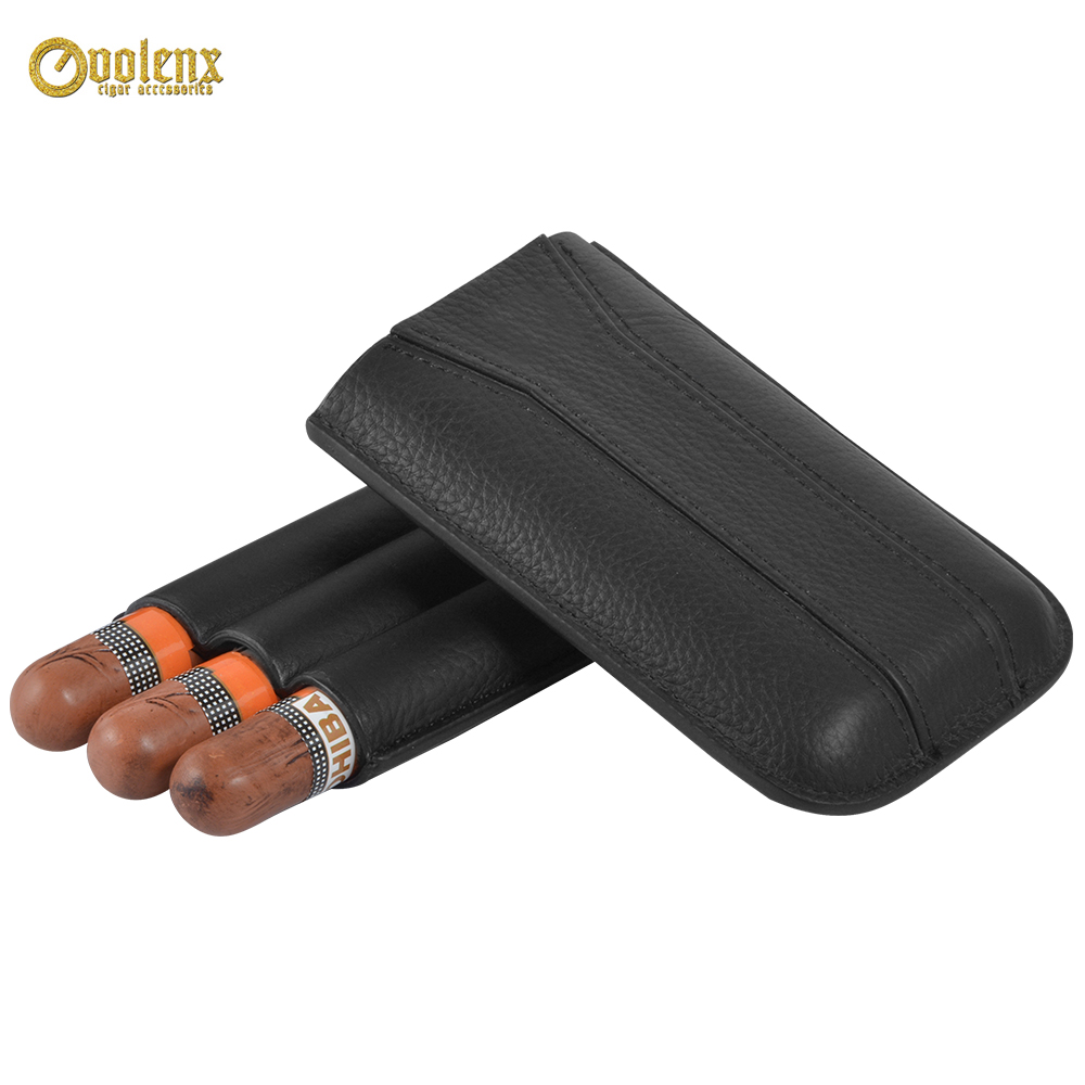New Arrival 3CT Mini Black Travel Genuine Leather Cigar Case 8