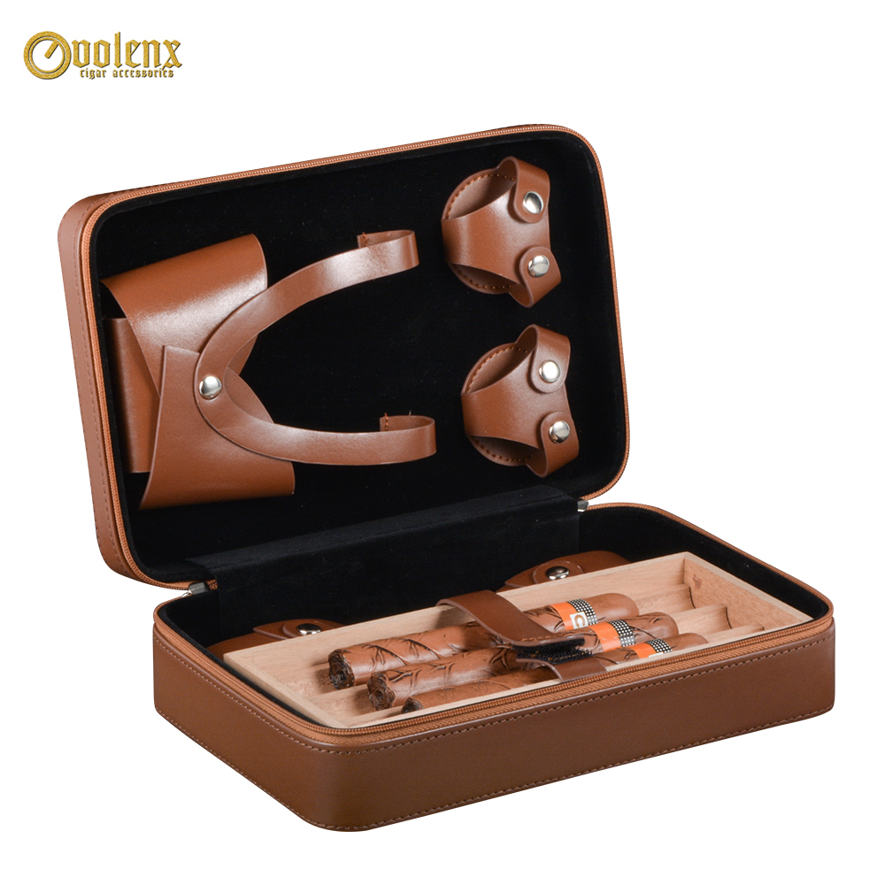 Portable 3CT Travel Brown PU Leather Cigar Case with Cutter 6