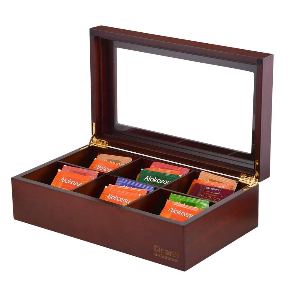 Luxury Brown Glass Lid Wooden Tea Box With 6 Compartment