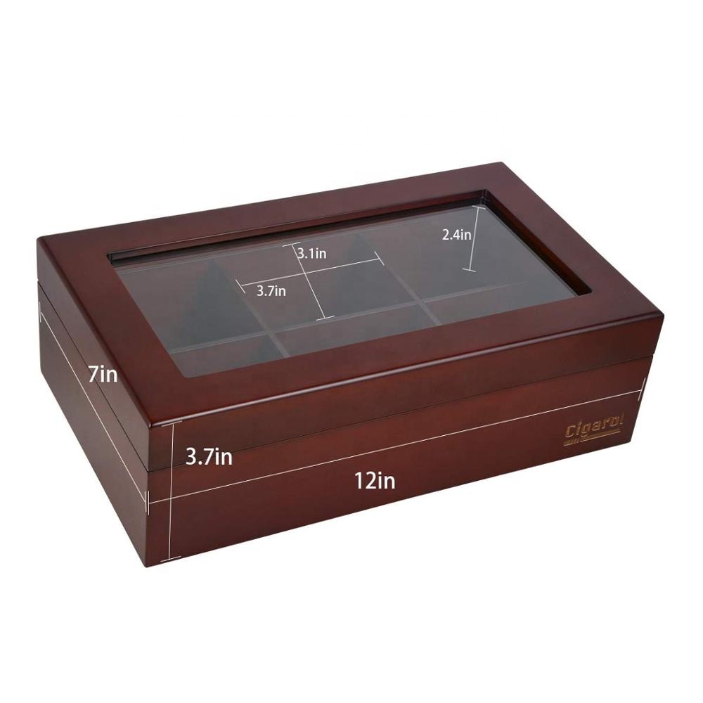 Luxury Brown Glass Lid Wooden Tea Box With 6 Compartment 6