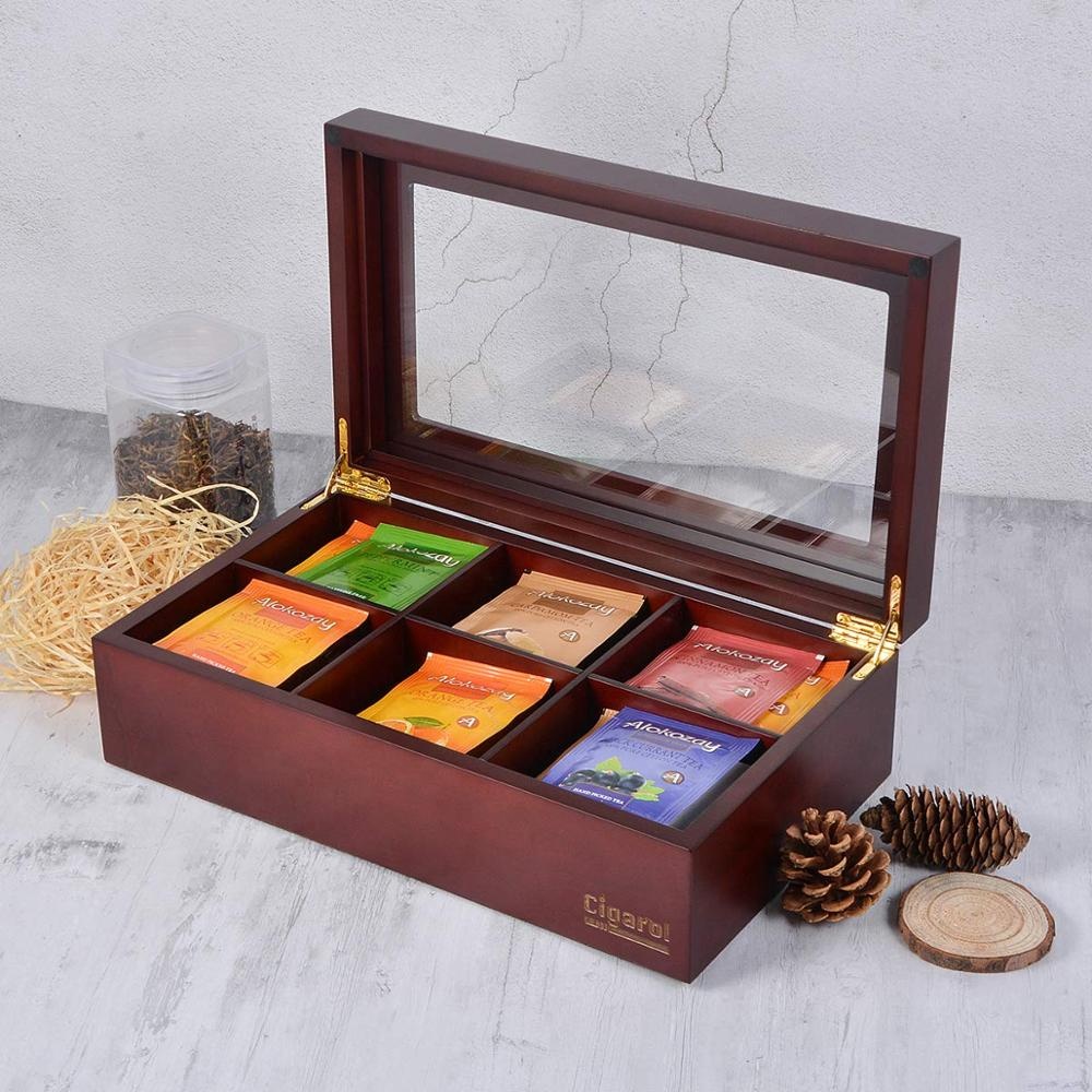 Luxury Brown Glass Lid Wooden Tea Box With 6 Compartment 12