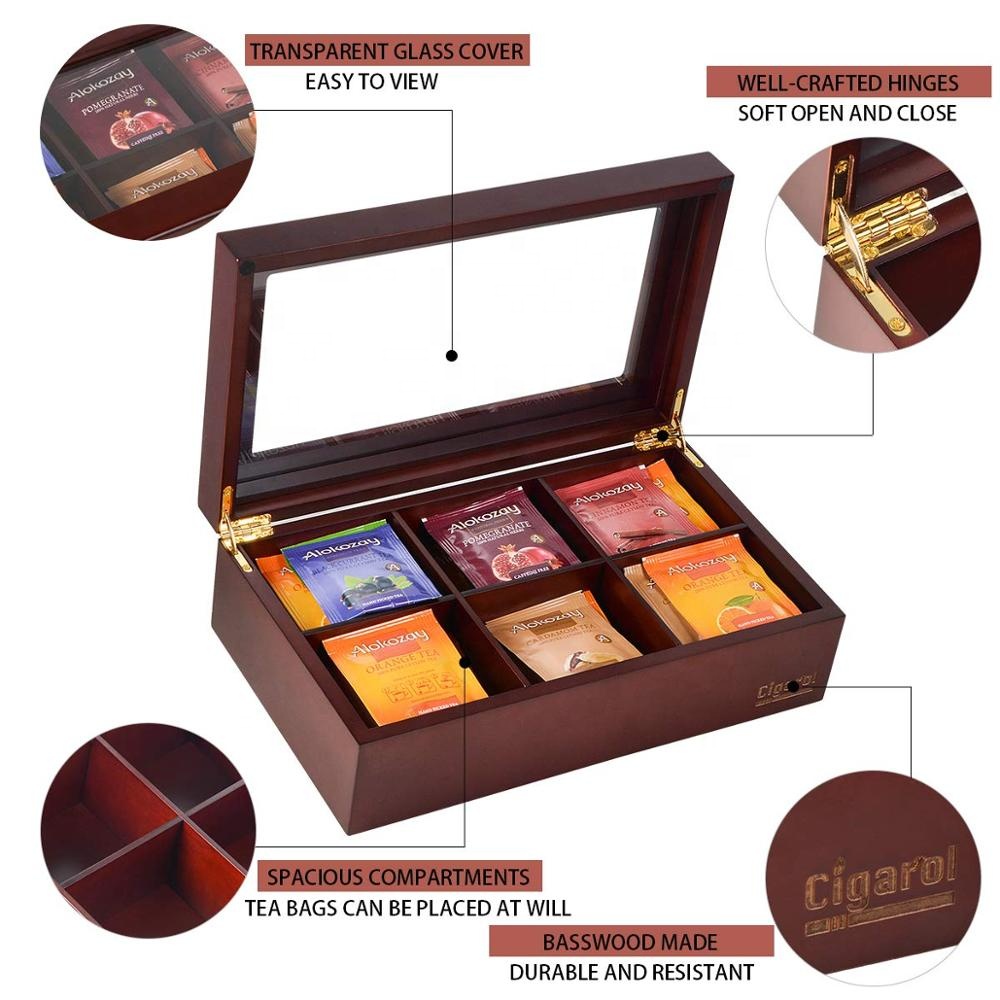 Luxury Brown Glass Lid Wooden Tea Box With 6 Compartment 8
