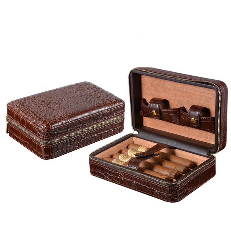 Wholesale Portable Brown Travel Leather Wooden Cigar Case for Sale