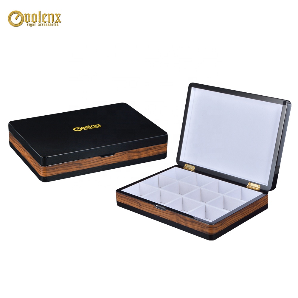 Custom Luxurious Black Wooden Tea Box With 12 Compartments