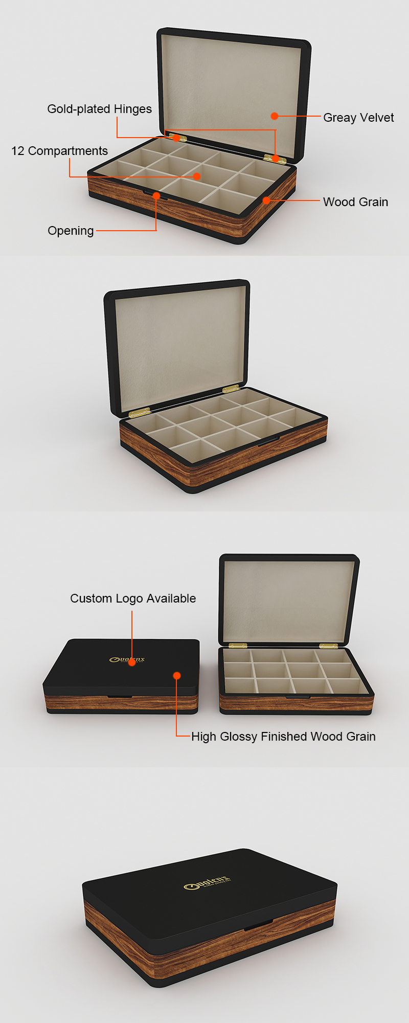 Custom Luxury Square Wooden Tea Packaging Box with 12 Compartments 3