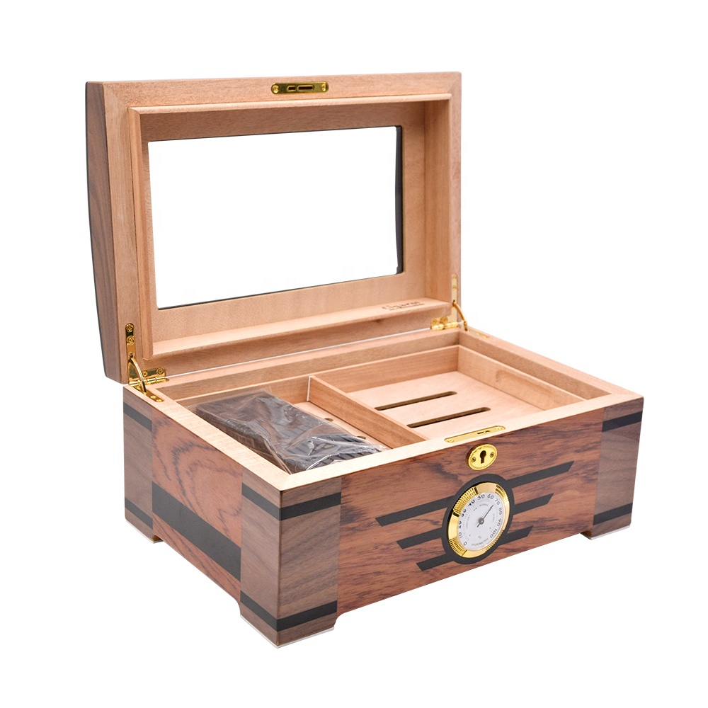 Custom Luxury Glass Top Spanish Cedar Wooden Cigar Box with Hygrometer