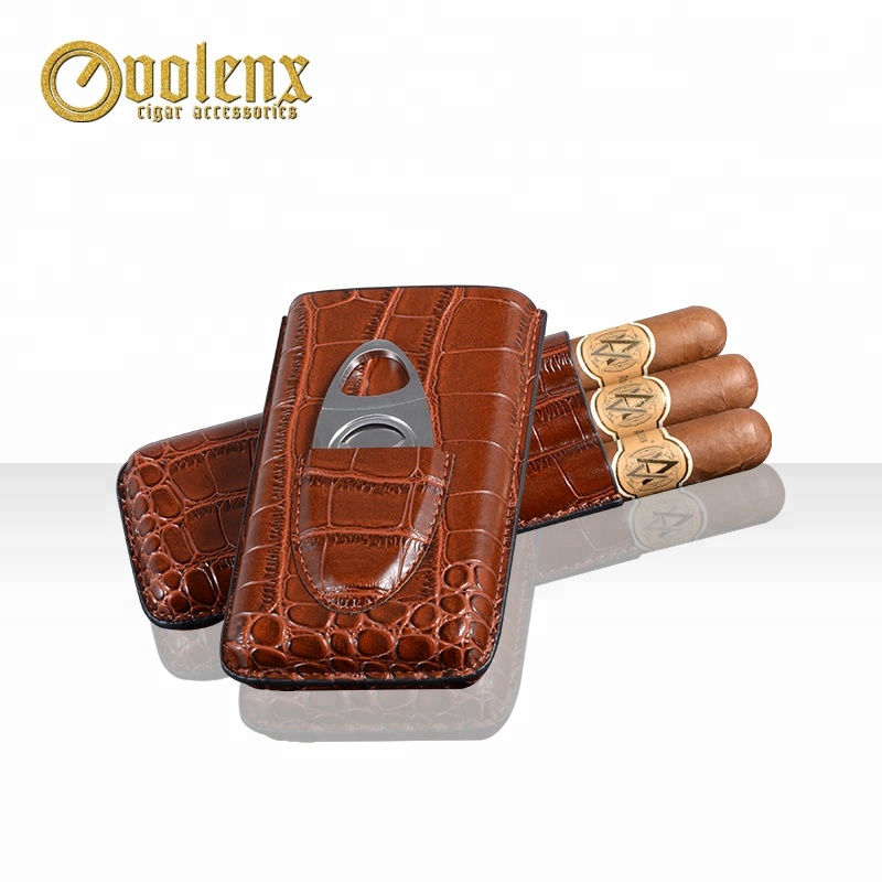 Custom 3 Tubes Crocodile Travel Genuine Leather Cigar Case with Cutter