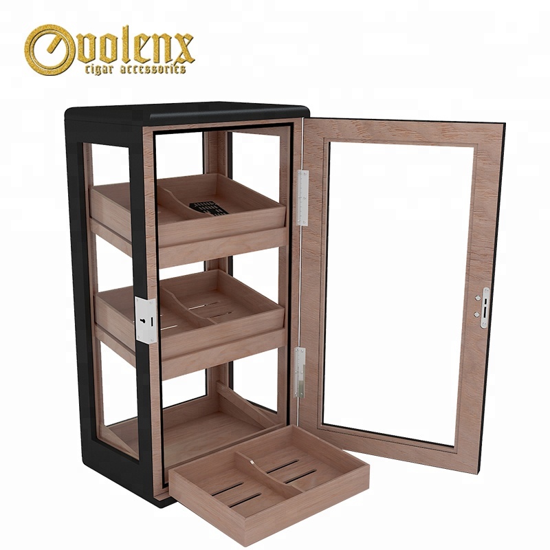 Black Glass Wooden Cigar Display Cabinet with 3 Drawers