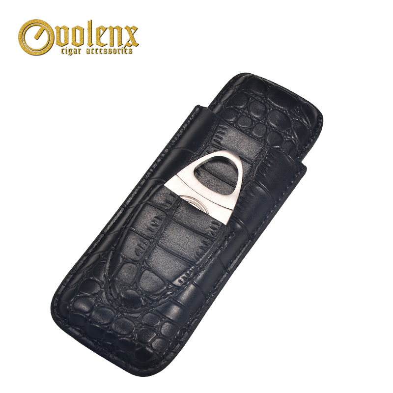 Wholesale good quality black genuine leather cigar case with cutter